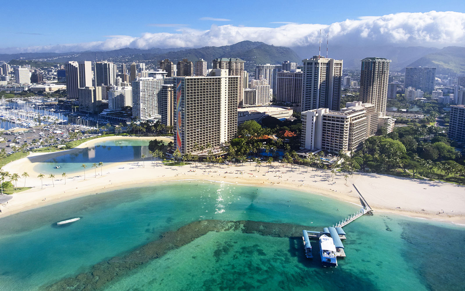 Aerial view of Hilton Hawaiian Village and Waikiki coastline
